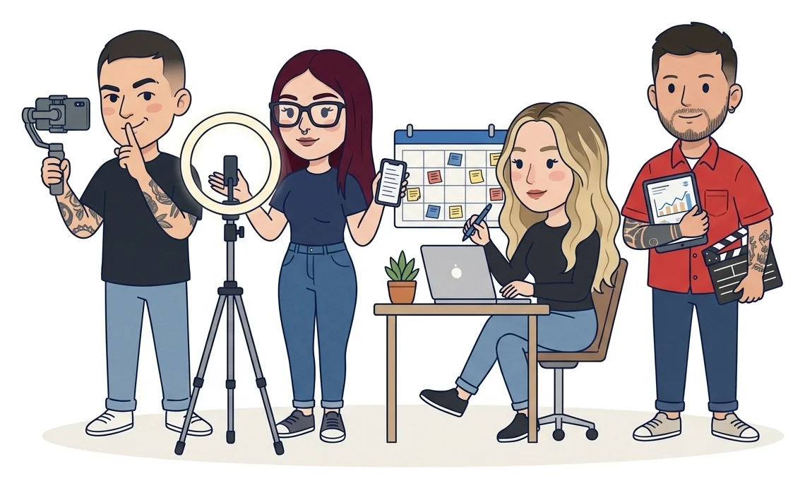 Ilustración del equipo de Duma trabajando: Miguel graba con un gimbal y pide silencio, Valentina presenta frente a un aro de luz, Juanita organiza el calendario de contenido y Sebastián revisa resultados en una tableta